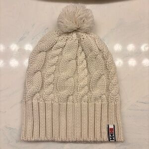 Helly Hansen Montreal Ivory Cream Chunky Cable Knit Beanie with Pom-Pom